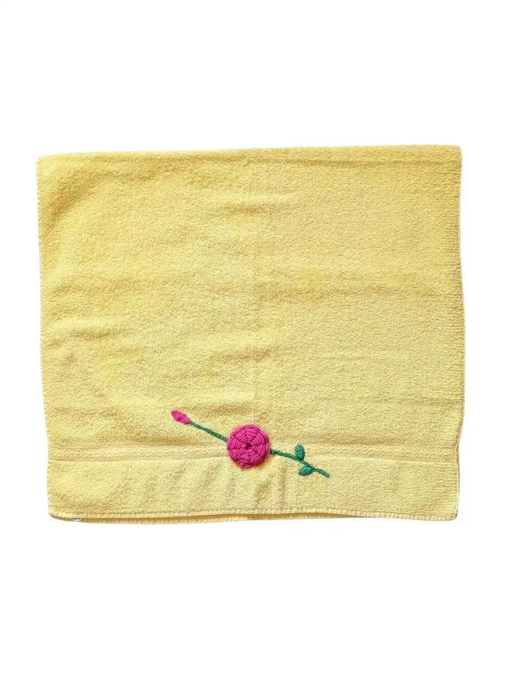 Vintage Yellow Bath Towel with Red Crochet Rose Applique